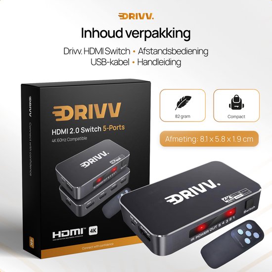 Drivv. Commutateur HDMI 4K 60Hz - 5 entrées 1 sortie - Télécommande incluse - Commutation automatique - Supporte 720p/1080p/4K/3D - Noir