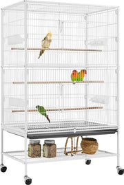 Yaheetech XXL Bird Cage With 360° Swivel Wheels - Fitted With Lower Storage Shelf And Three Perches And Secure Lock - For Parrots And Cockatoos - White Metal - 79 x 52 x 132 cm