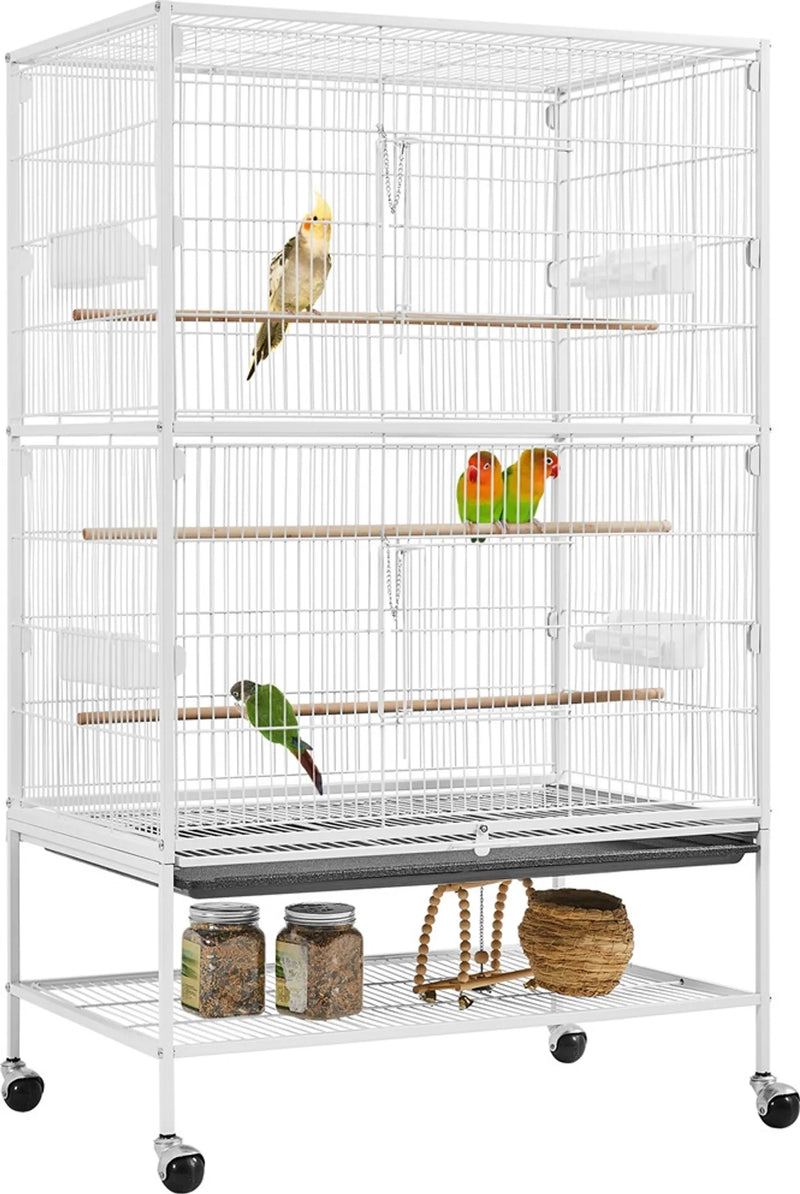 Yaheetech XXL Bird Cage With 360° Swivel Wheels - Fitted With Lower Storage Shelf And Three Perches And Secure Lock - For Parrots And Cockatoos - White Metal - 79 x 52 x 132 cm