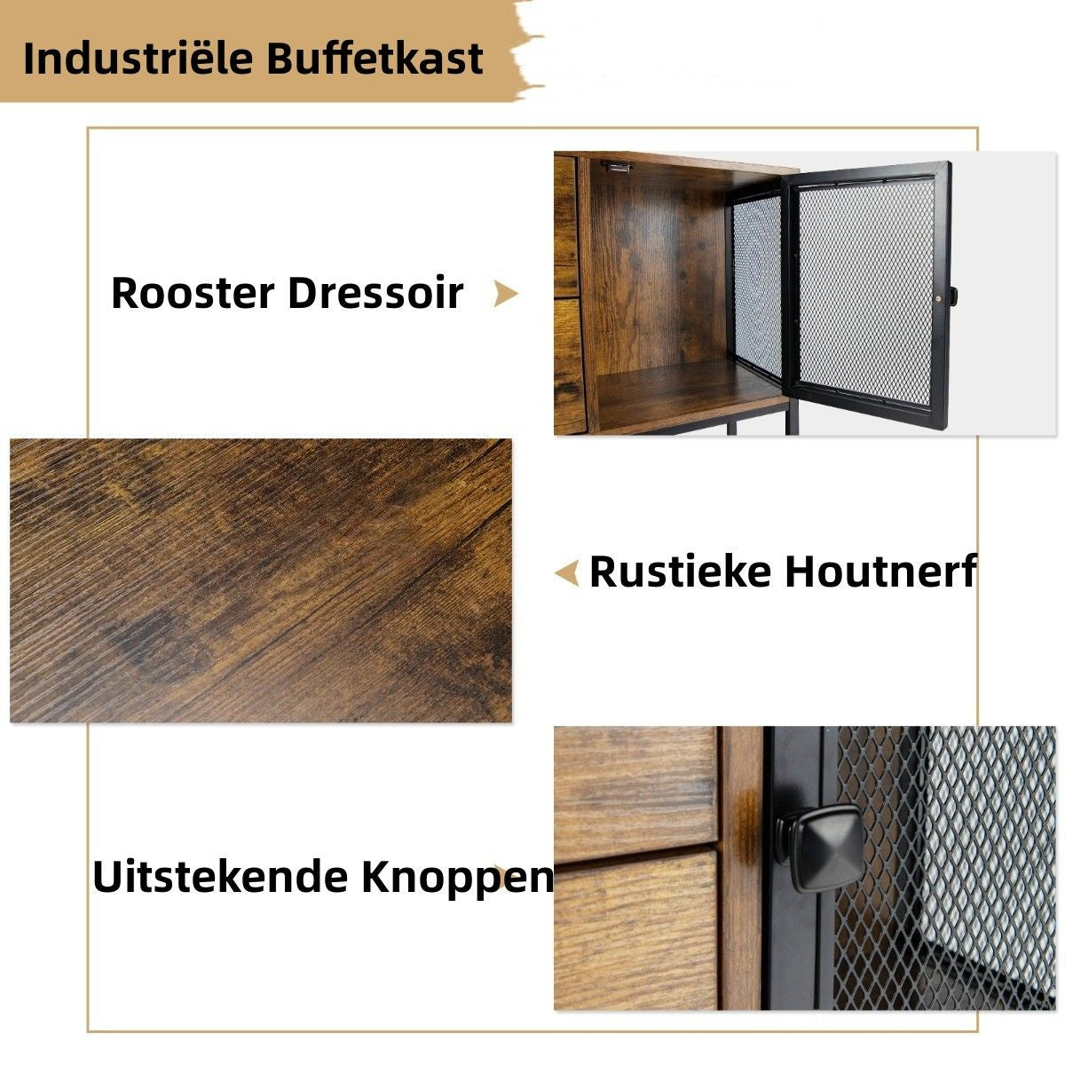 Coast Buffet industriel multifonctionnel avec 2 armoires grillagées et 2 tiroirs 100 x 35 x 85 cm