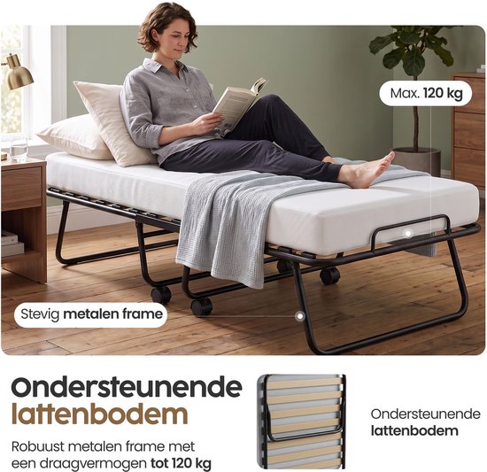 Infinity Goods Lit pliant Comfort 90 x 200 cm - Lit d'appoint - 1 personne - Lit pliant - Matelas et sommier à lattes - Housse de protection incluse
