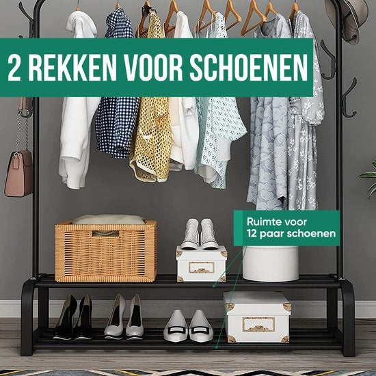 Avalo Rack à vêtements industriel - Métal - 110x33x150 CM - Noir - Rangement pour chaussures - Rack à vêtements avec crochets