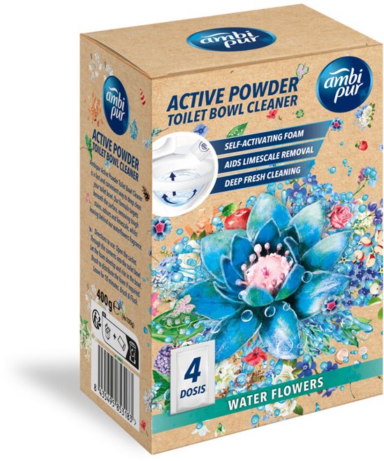 Ambi Pur - Active Clean Poudre pour WC Water Flowers - 4 x 4 x 100 g - Lot économique