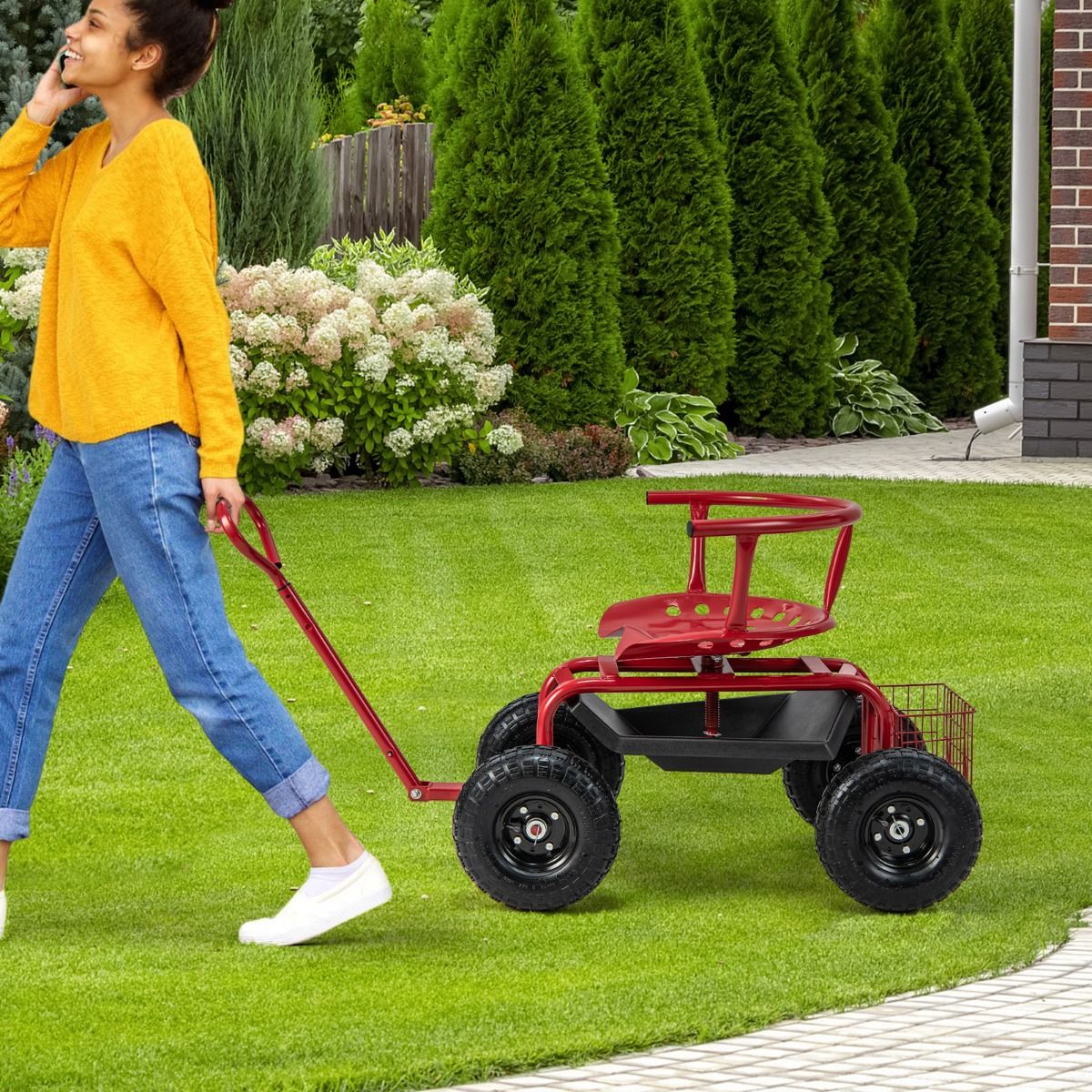 Chariot de jardin Coast avec siège à roulettes - poignée télescopique - espace de rangement - rouge