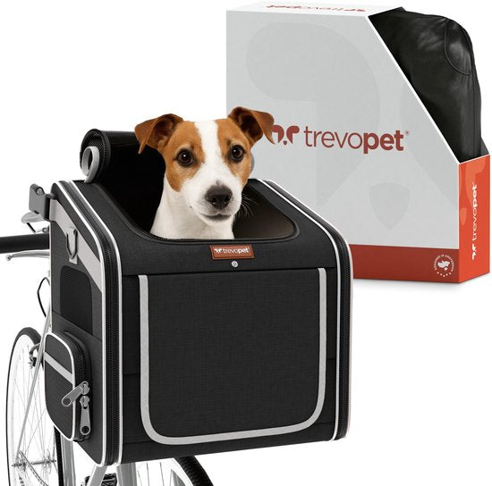 Panier de vélo pour chien TrevoPet® à l'avant - Panier de vélo 4 en 1 : panier pour chien, sac de transport, sac à dos et siège auto - Compatible avec tous les vélos - Pour les chiens jusqu'à 8 kg - Noir