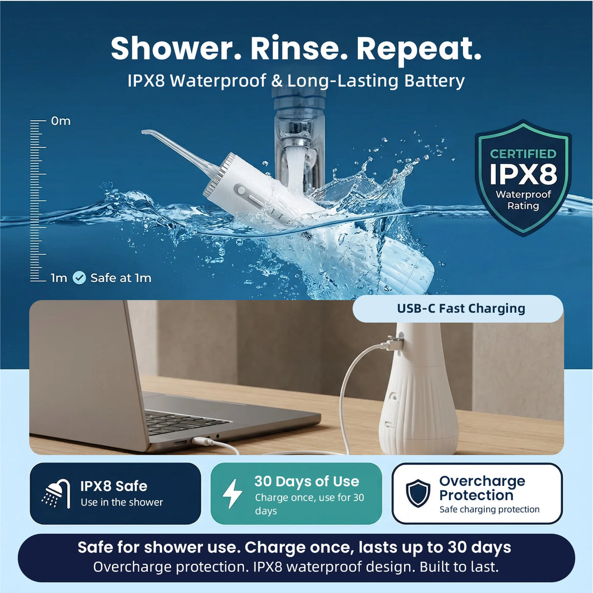 Hydropulseur Bair Care M11 - Blanc - Stérilisation par UV - Réservoir de 360 ml - 4 modes - 3 embouts - IPX8 - USB-C