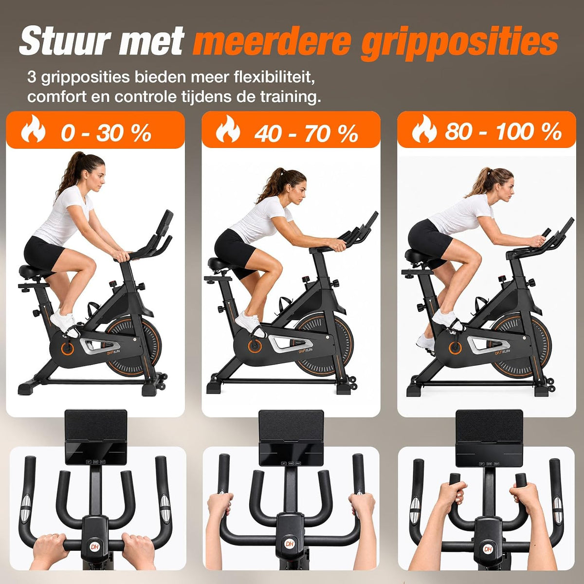 Vélo d'appartement magnétique DH FitLife - Noir - 120 x 53 x 110 cm - Silencieux, réglable, cardiofréquencemètre