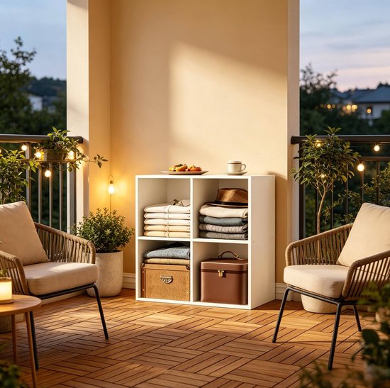 Étagère FloraGrace – Étagère ouverte à 4 compartiments – 59,6 x 59,8 x 29,5 cm – Bois – Blanc – Meuble de rangement sur pied pour le salon ou le bureau