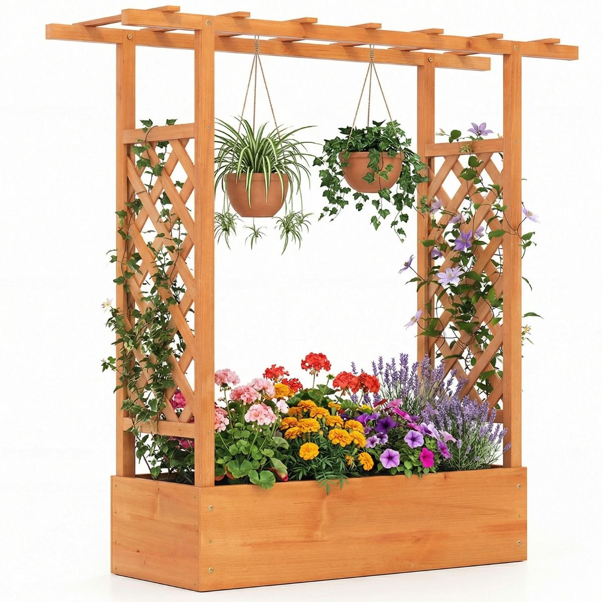 Jardinière surélevée en bois Coast - Treillis et toit suspendu - Trous de drainage - Naturel/Orange - 110 x 35 x 114 cm