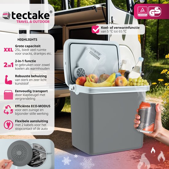 tectake® - Glacière électrique de 25 l - Fonction de refroidissement et de réchauffement - Sac glacière électrique silencieux - Pour voiture ou prise de courant - Mini réfrigérateur pour camping, boissons - Thermobox avec puissance - Mode Eco