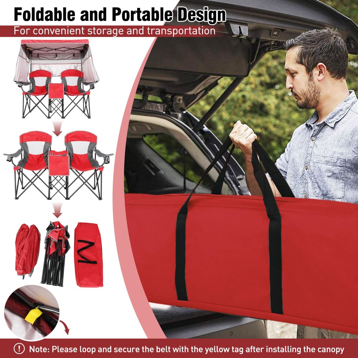 Chaise de camping double Coast - pare-soleil réglable - sac isotherme et porte-gobelets - rouge