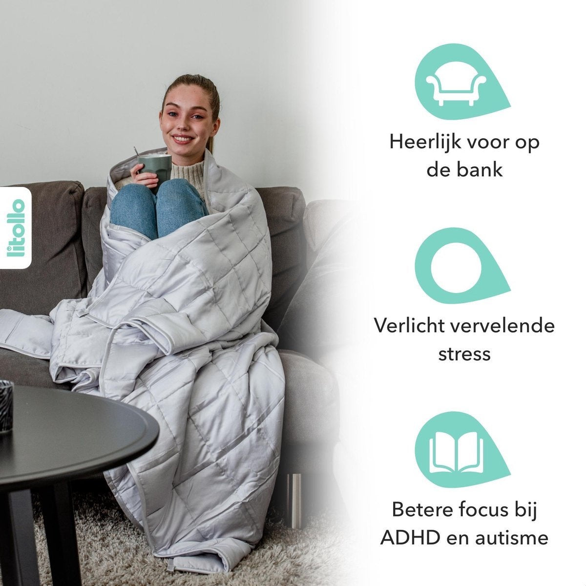 Litollo Verzwaringsdeken 10 kg met Buitenhoes - Weighted Blanket - Duurzaam Bamboe Materiaal - Grijs - 150x200cm