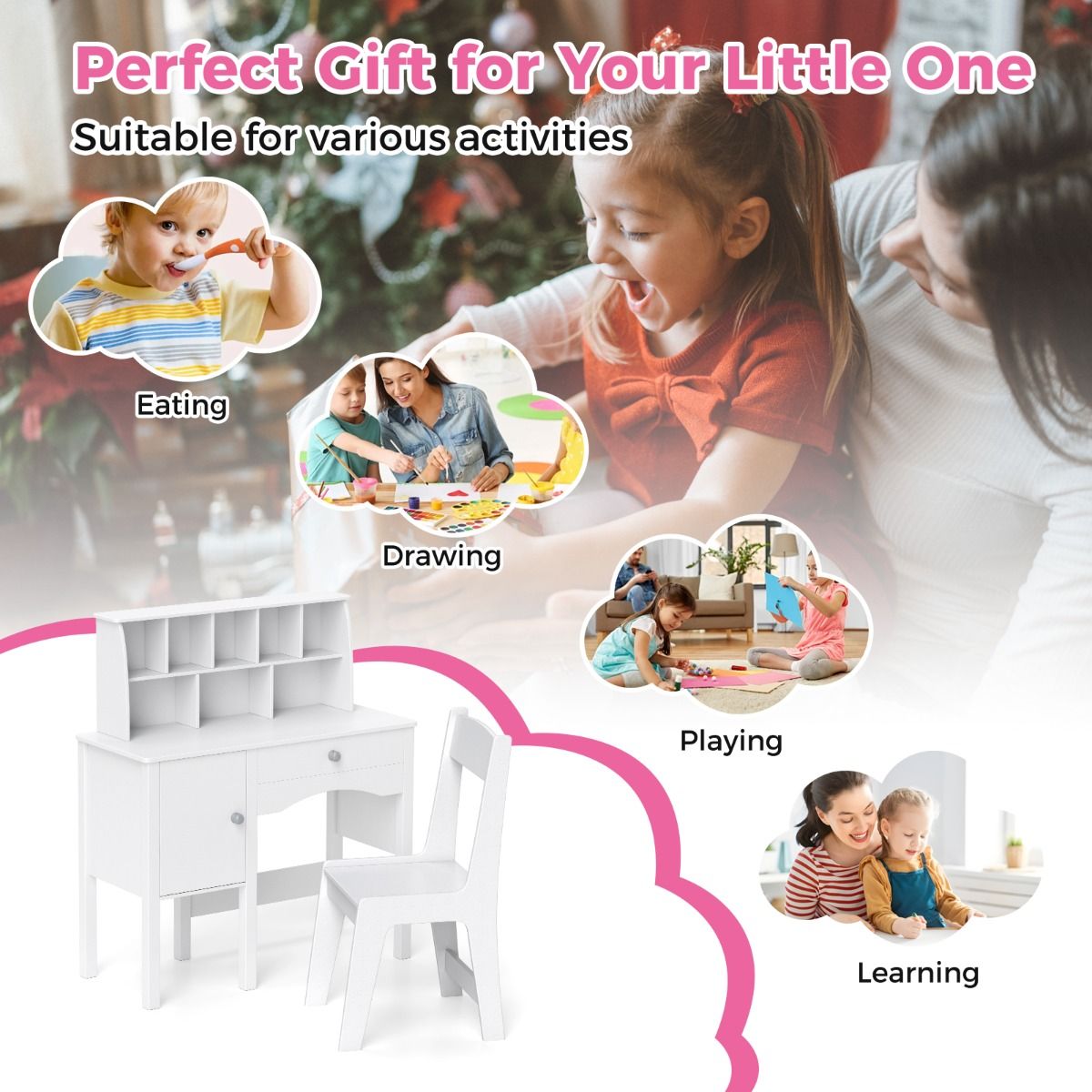 Bureau pour enfant Coast avec chaise - nombreux rangements - dispositif anti-basculement - blanc