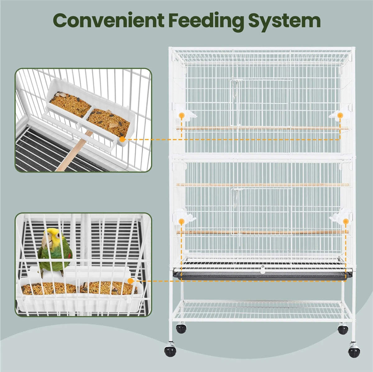 Yaheetech XXL Bird Cage With 360° Swivel Wheels - Fitted With Lower Storage Shelf And Three Perches And Secure Lock - For Parrots And Cockatoos - White Metal - 79 x 52 x 132 cm