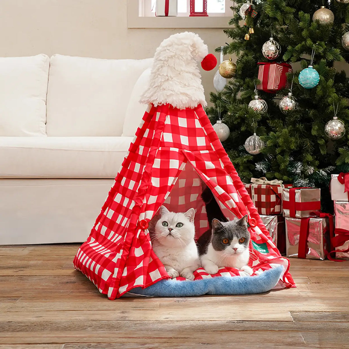 Tente pour animaux de compagnie Zeze avec bonnet de Noël - à carreaux rouges et blancs - 60 × 60 × 78 cm