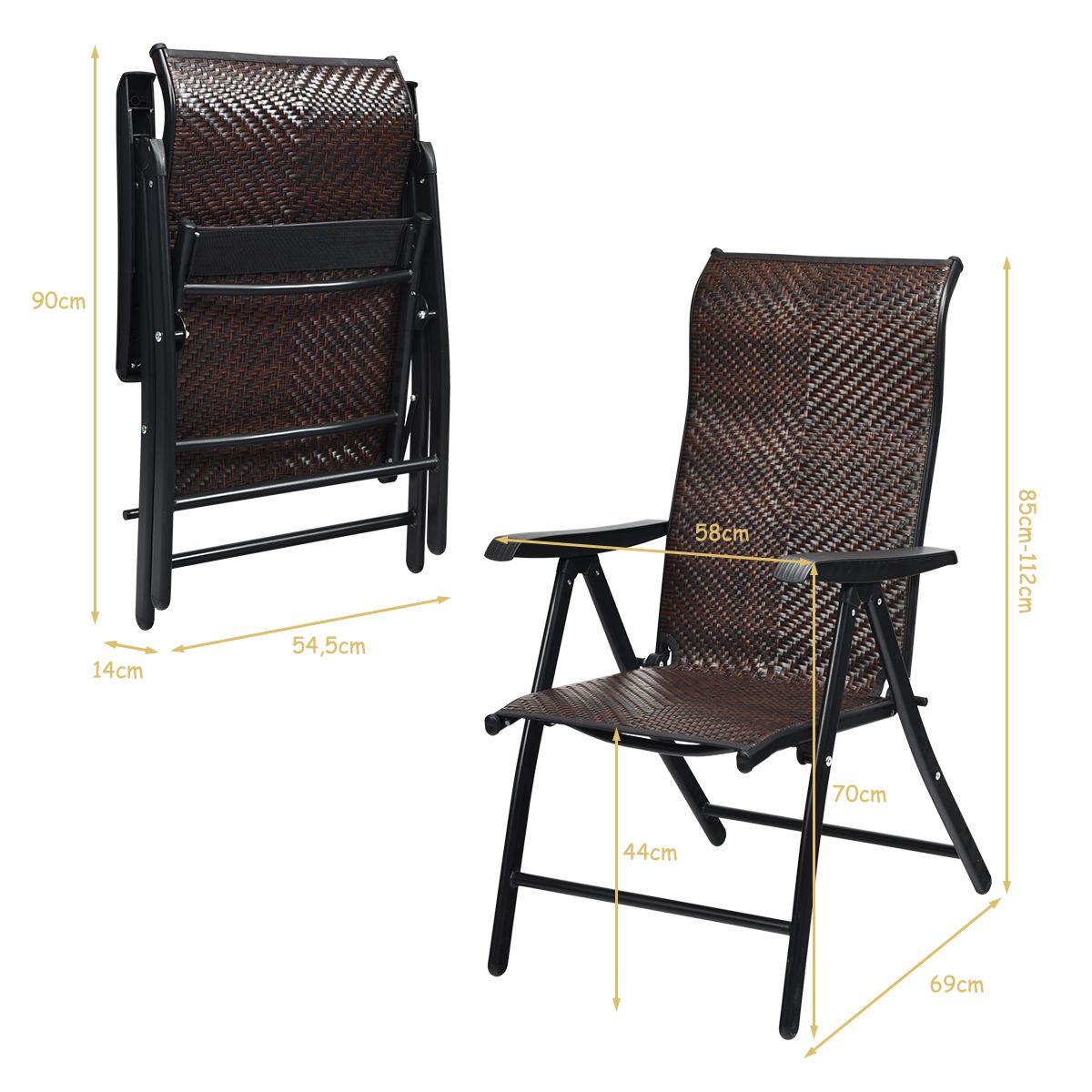 Lot de 2 chaises pliantes Coast Rotan - Dossier réglable - Pliables et faciles à transporter - Marron