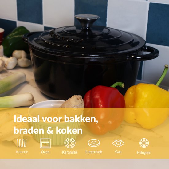 Casserole en fonte Chefarone 4,7 L - Sans PFAS - Casserole avec couvercle - Compatible avec toutes les sources de chaleur - Casserole Ø 26 cm - Émaillée noire - Cadeau pour femmes