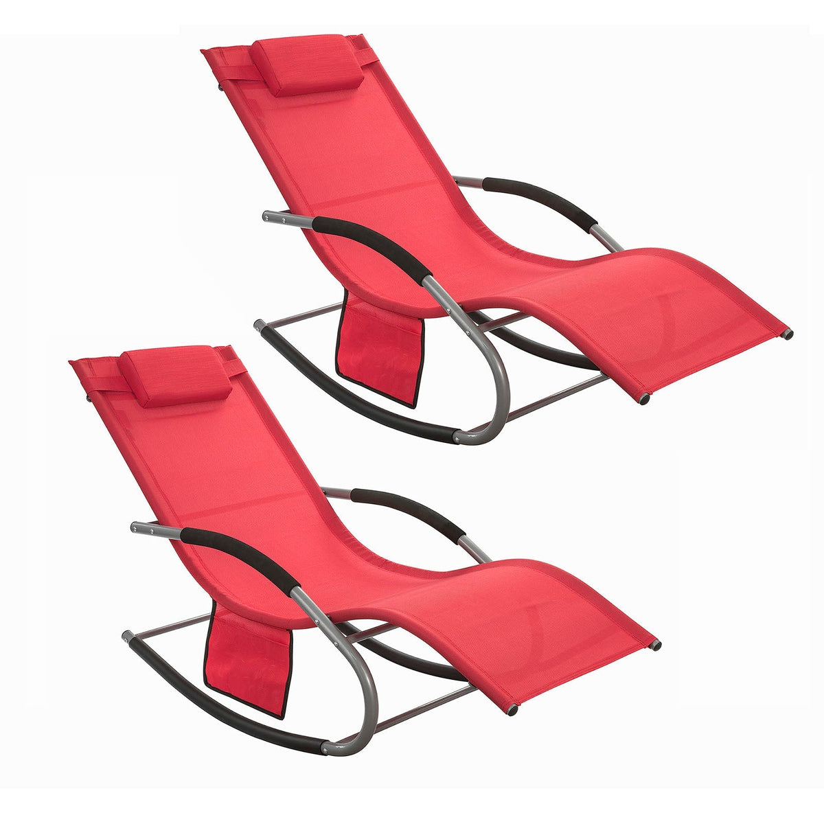 SoBuy OGS28-Rx2 Chaises longues Lot de 2 - Rouge - 143x57x85 cm - Chaises à bascule ergonomiques avec appui-tête et pochette latérale