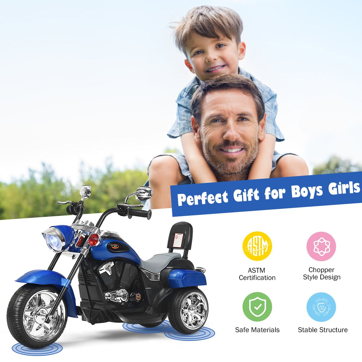 Moto électrique pour enfants Coast - Style chopper - Phare réglable - Fonction musicale - Bleu et noir - 91 x 48 x 64 cm