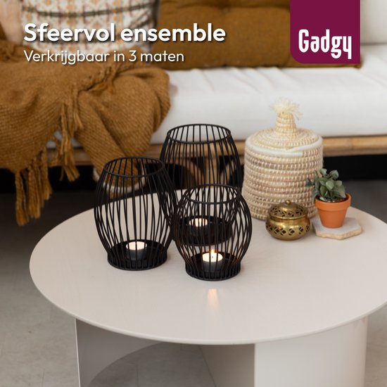 Bougeoir rond Gadgy - Petit bougeoir - Décoration de salon - Éclairage d'ambiance d'intérieur - Bougeoirs pour bougies chauffe-plat 14,5 x 15 cm - Photophore en métal - Noir - Cadeau pour femme