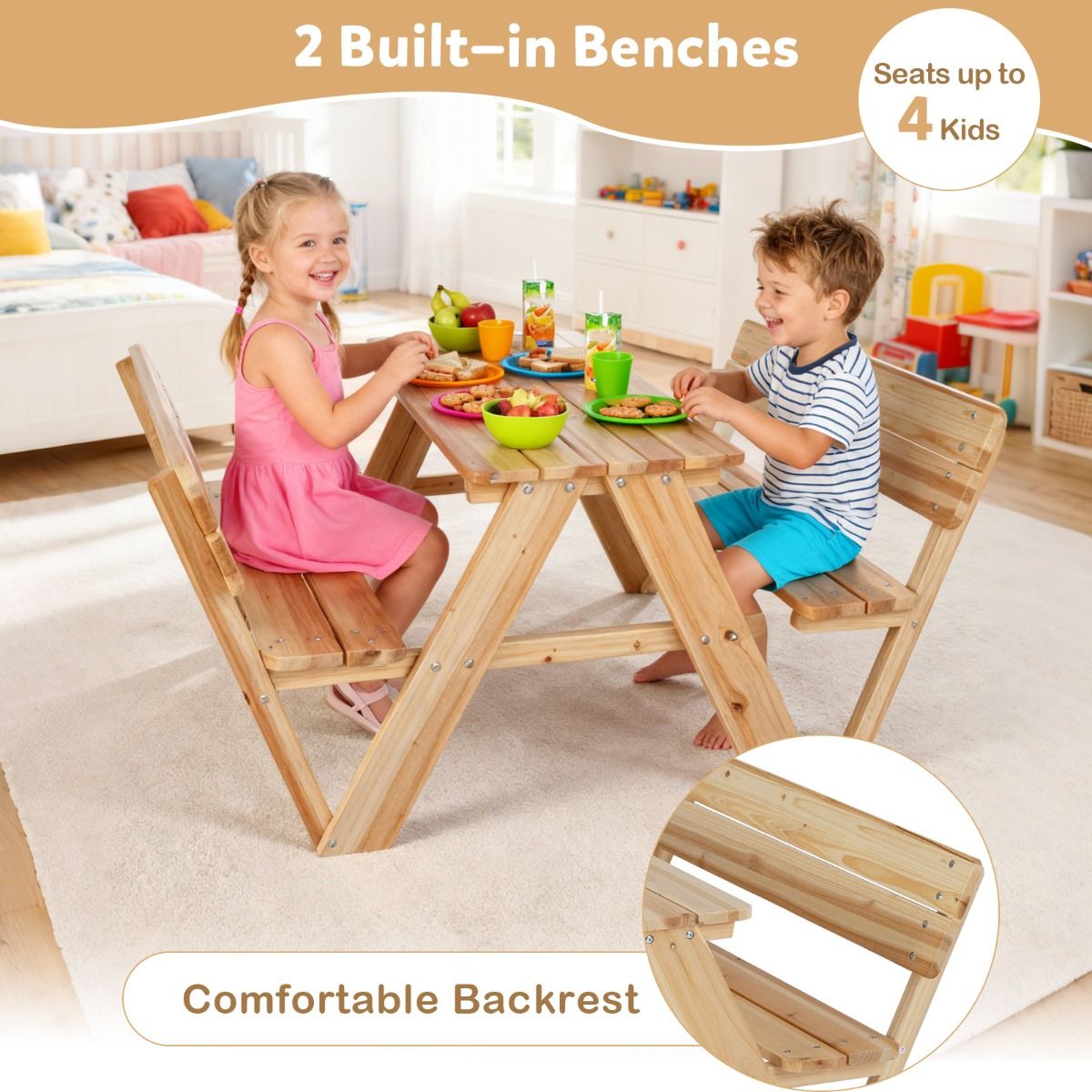 Table de pique-nique pour enfants Coast - ensemble de table et bancs en bois pour tout-petits - avec dossier - couleur naturelle