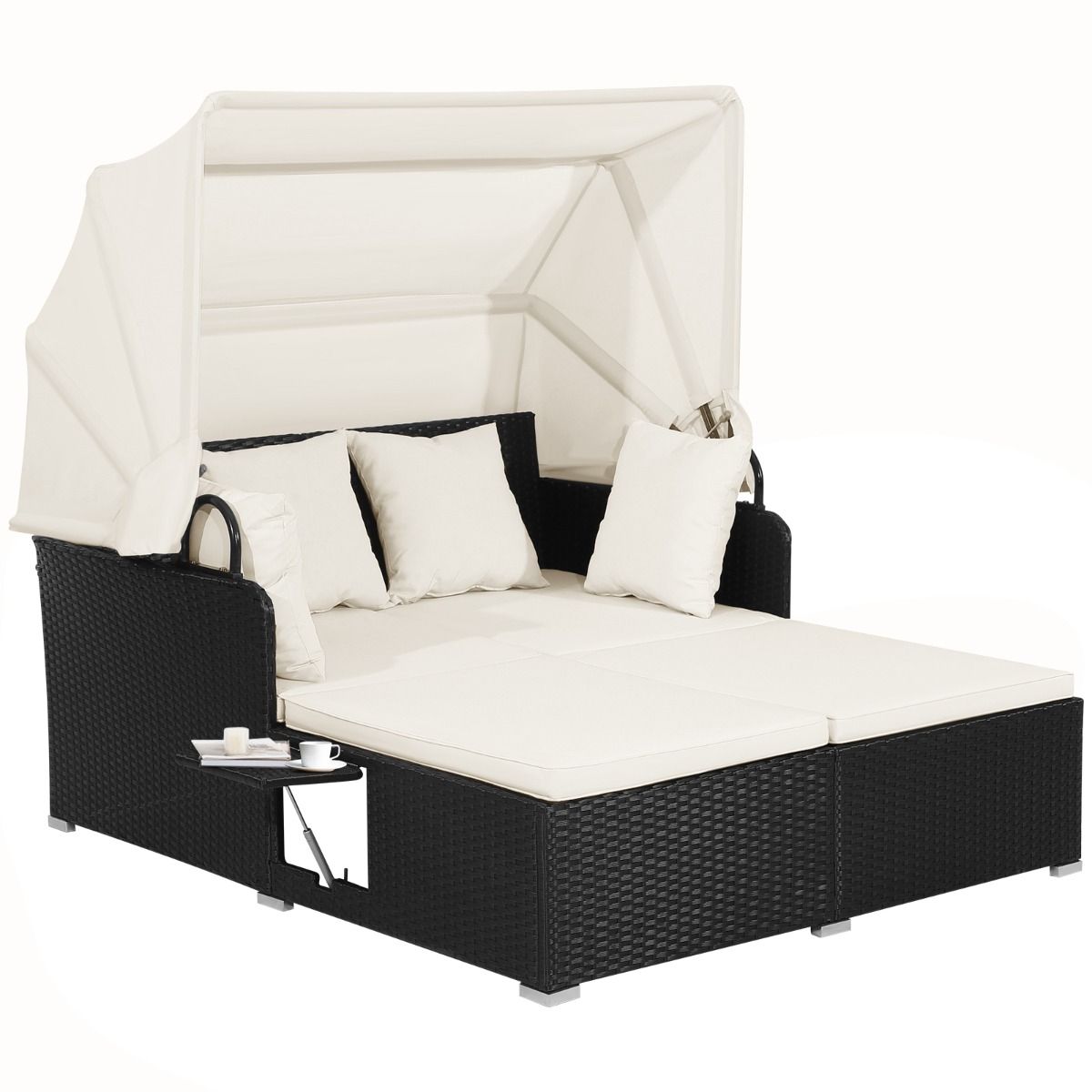 Transat Coast Rotan pour 2 personnes - Avec auvent et tables latérales rabattables - Noir 165 x 153 x 138 cm