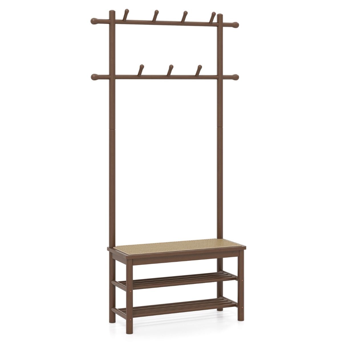 Porte-manteaux Coast en bambou avec banc - Porte-chaussures - Assise en rotin PE - Marron et naturel - 71 x 30 x 169,5 cm