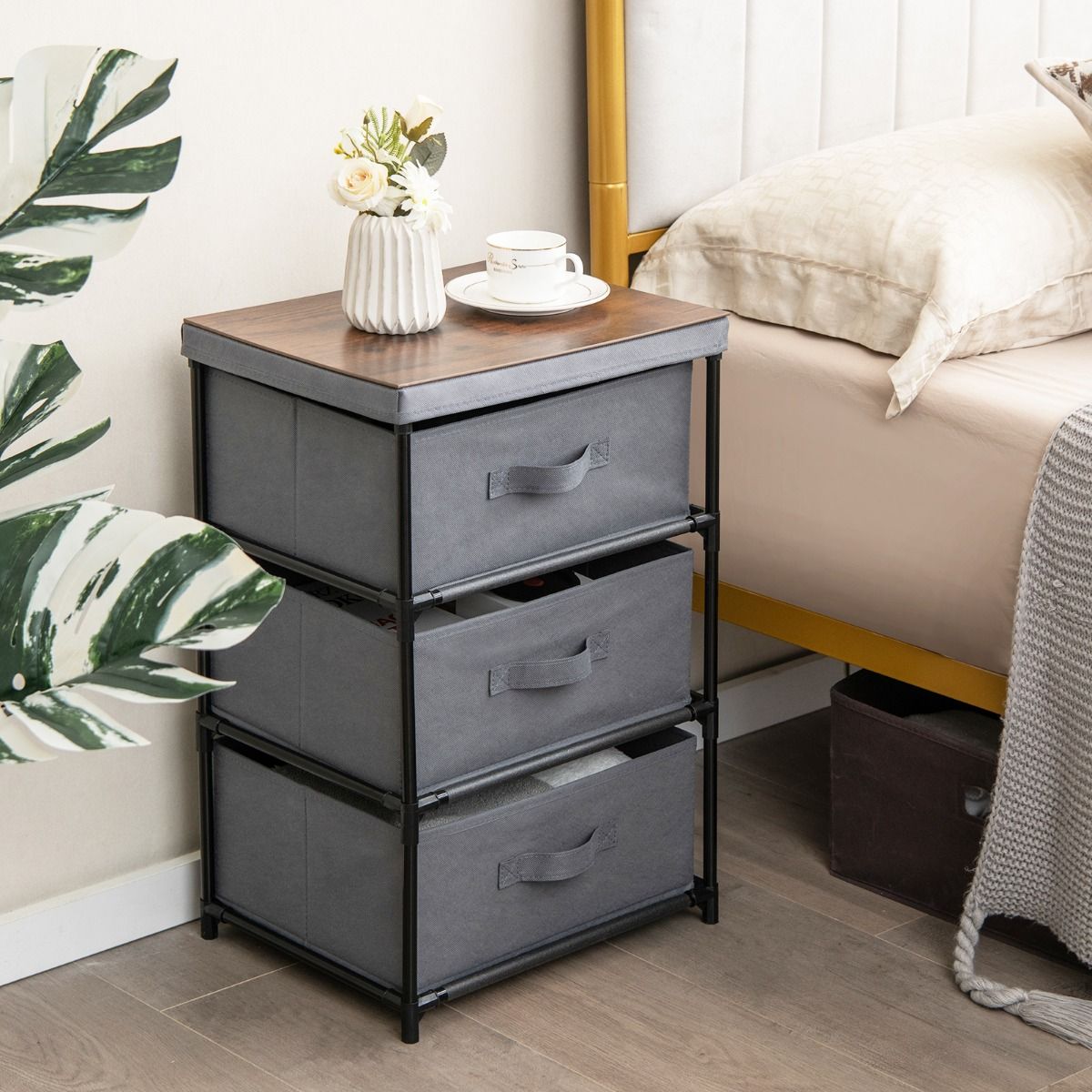Table de chevet Coast avec tiroirs en tissu - structure métallique - meuble de rangement - gris - 40 x 30 x 62 cm