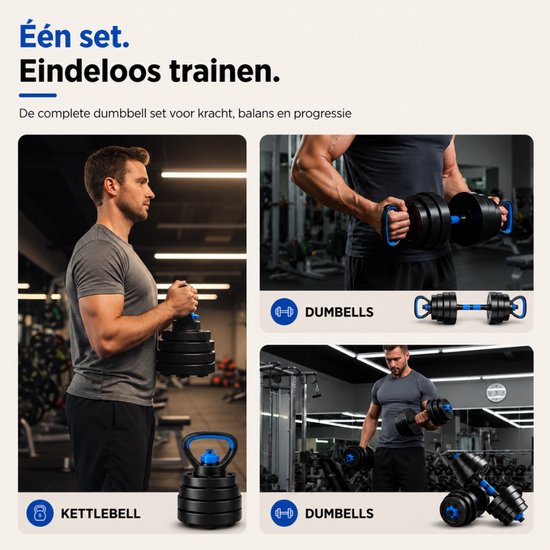 Sportfloww Dumbbells 28,5 kg – Ensemble d'haltères – Ensemble de poids comprenant un kettlebell, une barre d'haltères, une barre EZ et un rouleau abdominal – Haltères réglables