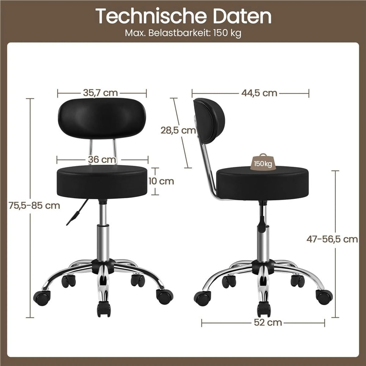 Yaheetech Tabouret de maquillage - 52 x 44,5 x 75,5-85 cm - équipé d'un coussin d'assise de 10 cm d'épaisseur et d'une rotation à 360° et d'une structure en métal chromé - pour salon et coiffeuse - simili cuir noir et métal