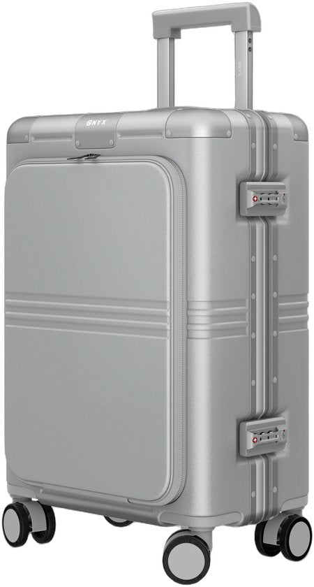 Valise cabine ONYX Hybrid Pro avec poche avant, 38 litres - Polycarbonate recyclé et conception sans fermeture éclair - Valise de voyage avec serrure TSA et roulettes Spinner - Valise à roulettes légère avec compartiment pour ordinateur portable - Orbit S