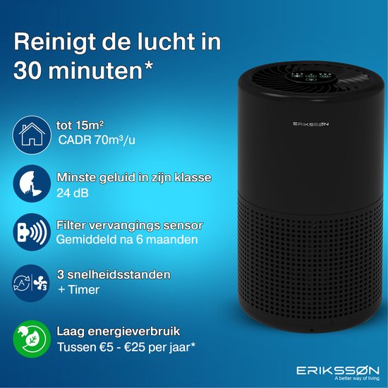 Erikssøn Air Purifier Prime - 70 m3/h - Contre les acariens, le rhume des foins, les allergies, la poussière - Avec filtre HEPA 13 + filtre à charbon - Purificateur d'air - Clean Air