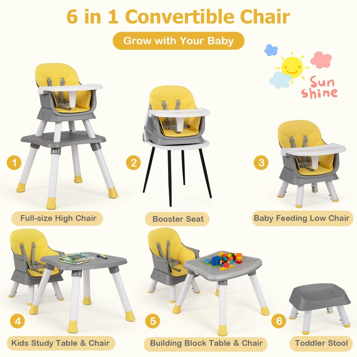 Chaise haute Coast 6-en-1 - rehausseur et table à blocs de construction - avec harnais à 5 points et coussin - gris clair