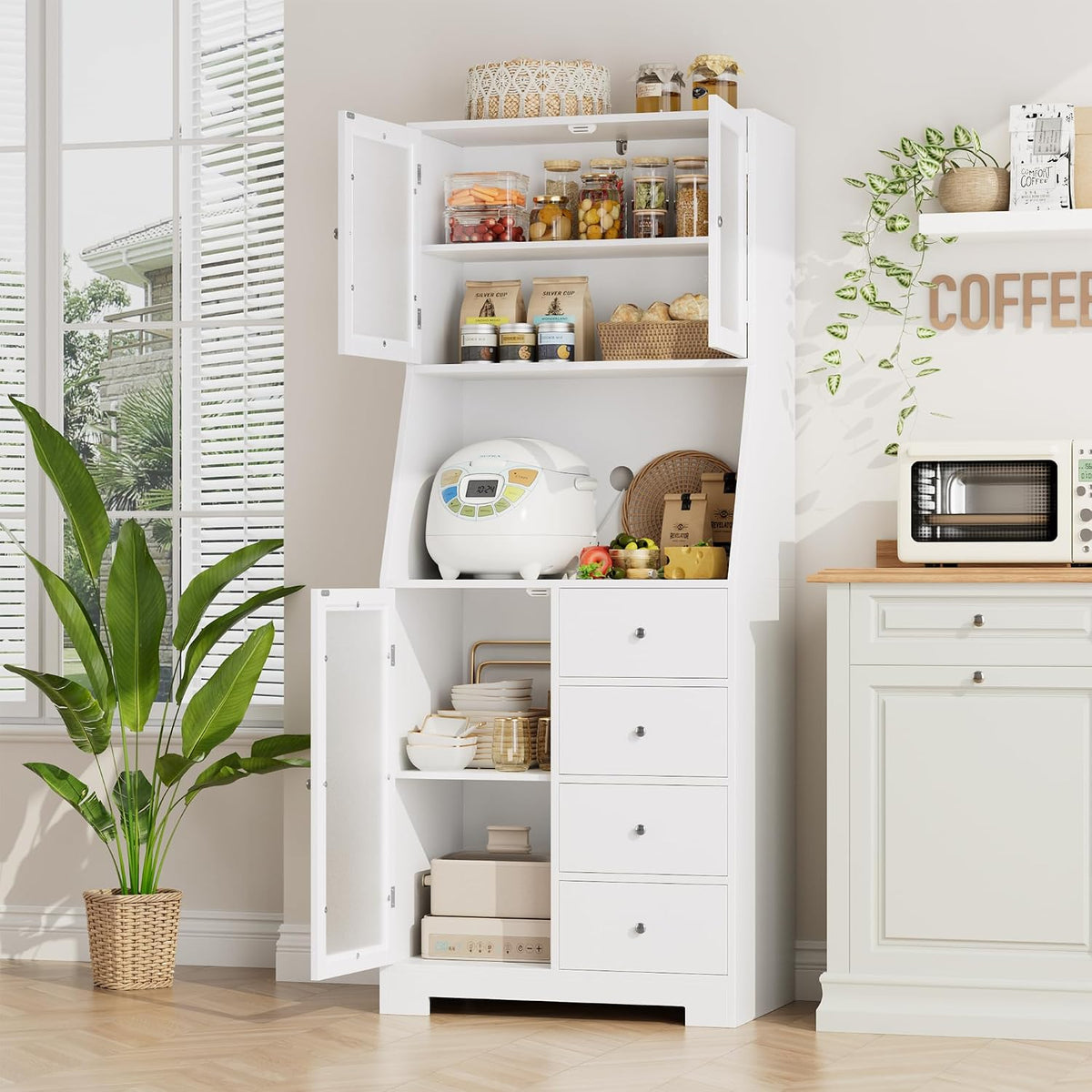 Armoire de cuisine haute avec plan de travail - 4 tiroirs et 3 portes vitrées - 60 cm de large - Blanc