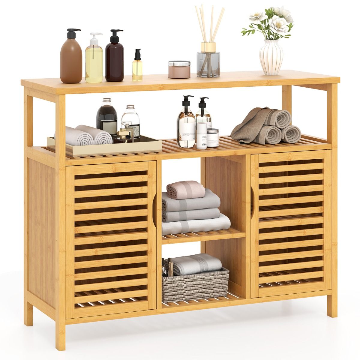 Armoire de salle de bains Coast en bambou - 2 portes - étagères ouvertes - couleur naturelle - 100 x 35 x 80 cm