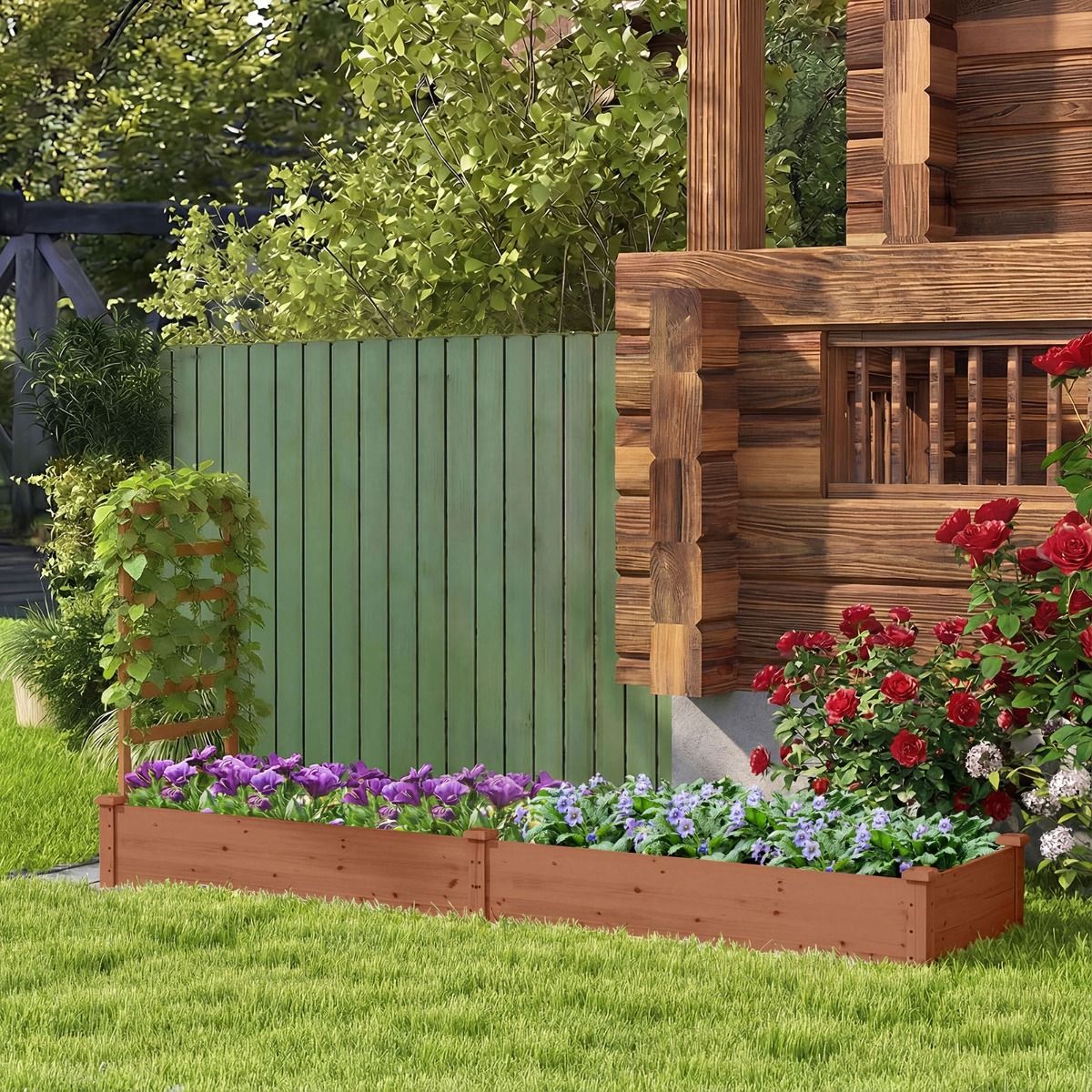 Jardinière surélevée Coast avec treillis - Jardinière à 2 compartiments - Bois de pin naturel - 235 x 63 x 102 cm