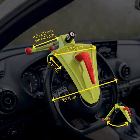 Antivol de direction Bullock Defender Pro - Empêche également le vol de l'airbag - Couleur jaune voyante - Deux clés numérotées - Antivol de direction pour voiture, fourgonnette, camping-car