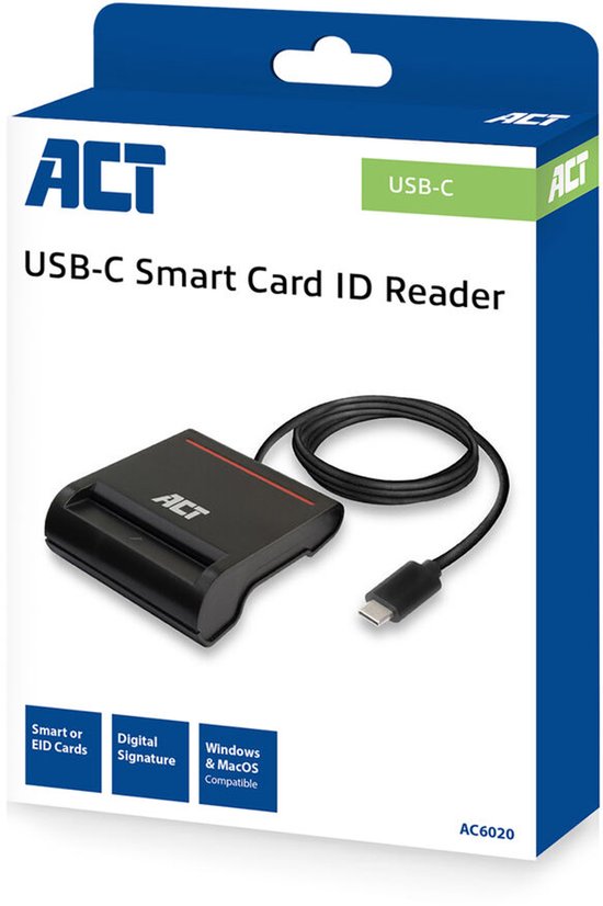 Lecteur de carte à puce eID USB-C externe ACT, compatible avec les cartes d'identité belges AC6020