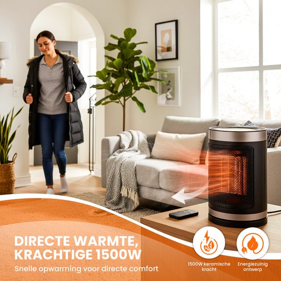 Radiateur électrique TTD 1 500 W - Élément chauffant PTC en céramique - Oscillation de 70° - 15 à 40 °C - Modèle rond