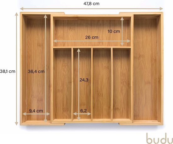 Budu Plateau à couverts extensible en bambou #38 (38 cm de profondeur) - Cassette à couverts en bois - Tiroir à couverts - 38 x 29.5 - 47.8 cm - 5/7 compartiments