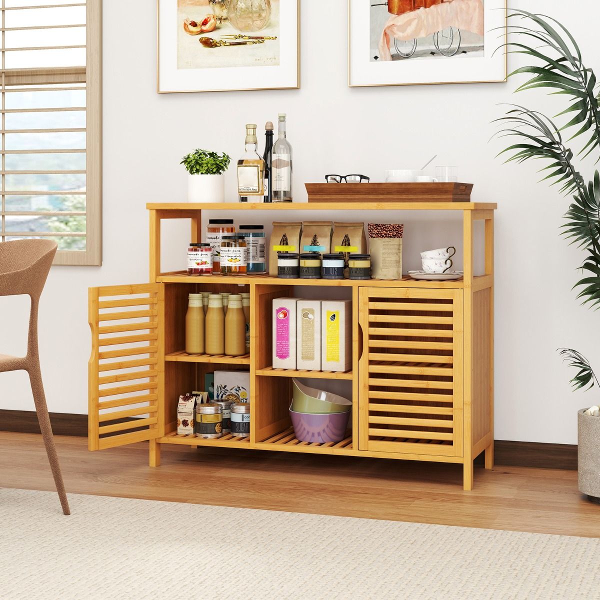 Armoire de salle de bains Coast en bambou - 2 portes - étagères ouvertes - couleur naturelle - 100 x 35 x 80 cm