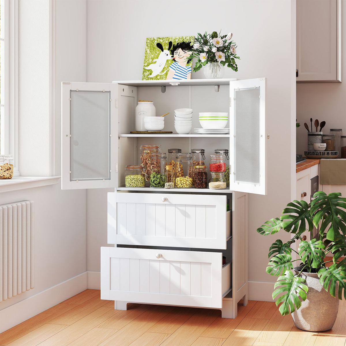Coast Freestanding Bathroom Cabinet - 2 tiroirs et 2 portes en verre dépoli - étagère réglable - 60 x 30 x 108 cm - blanc
