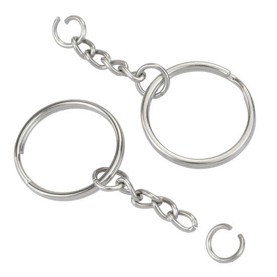 Porte-clés avec chaîne - 100 anneaux fendus pour porte-clés en acier inoxydable - Ensemble d'anneaux fendus pour pendentifs de clés - 25 mm - 100 pièces - Comprend un anneau de clé avec une maison