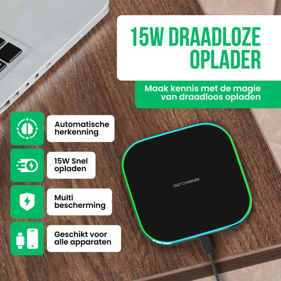 Strex Wireless Charger 15W - Câble inclus - QI Fast Charger - Chargeur sans fil - Chargeur rapide - Indication LED