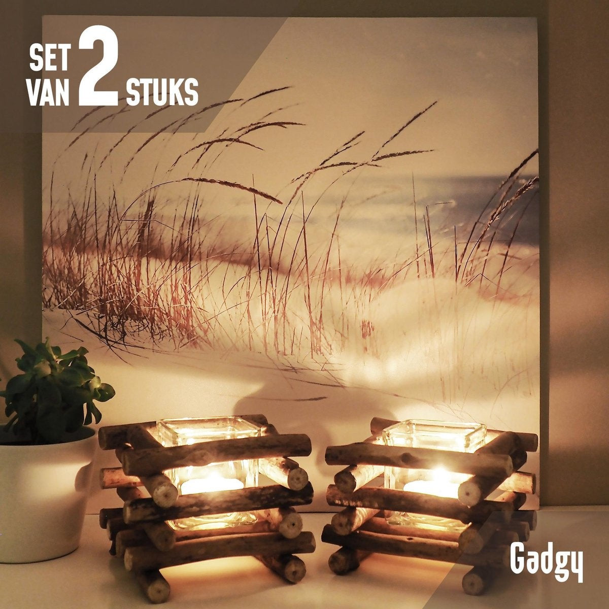 Gadgy Wax Light Holder Driftwood - Porte-lampions - set of 2 - Windlight -15x15cm - Egalement pour bougies