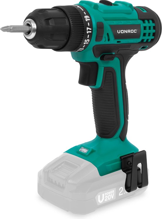 VONROC Perceuse sans fil 20V - 19 positions de vissage + position de perçage - 2 embouts inclus - Batterie et chargeur rapide inclus