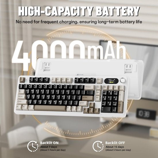 ATTACK SHARK X98 - Clavier gaming mécanique sans fil - Écran TFT - Molette multifonction - Touches en PBT - Tri-mode : filaire/2,4 GHz/Bluetooth - Modèle « Gasket » - 98 touches - Cheese White