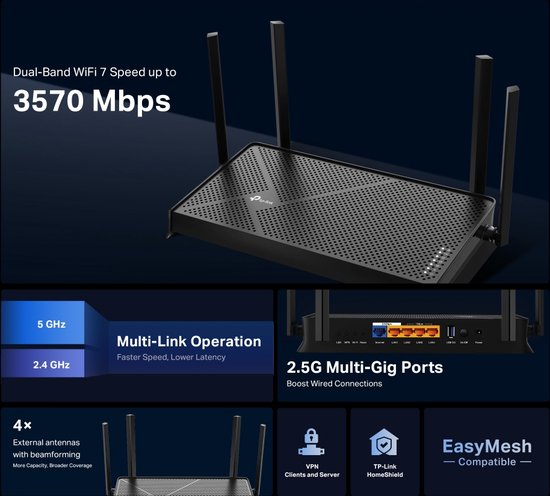 TP-Link Archer BE230 - Routeur - Amplificateur Wi-Fi - Bi-bande - Wi-Fi 7 - 3 600 Mbps - Noir