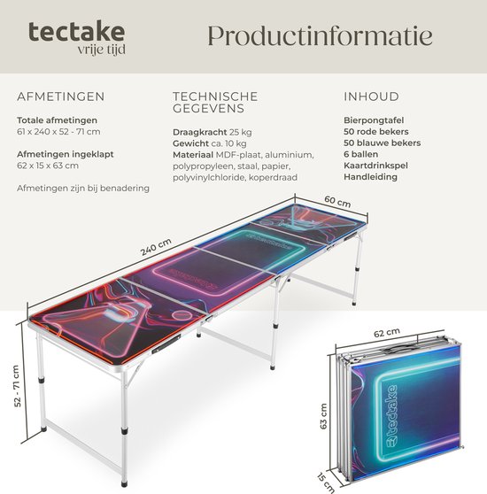 tectake® Table de Beer Pong - Avec décorations de fête - Eclairage LED - Table de Beer Pong réglable en hauteur et pliable - Jeu de boisson avec accessoires - 100x gobelets en plastique, 6x balles de ping pong, Jeu de cartes avec cartes