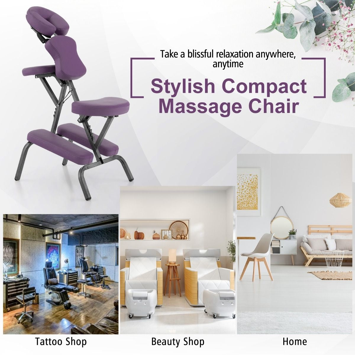 Fauteuil de massage Coast - Pliable - Avec mallette de transport - Max 150 kg - 48 x 55 x 120 cm - Violet